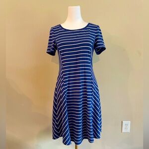 WHBM Blue & White Stripe Short Sleeve Sailor Fit & Flare Dress Knee Length